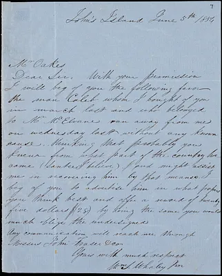 William T. Whaley, Jr., John's Island, S.C., autograph letter signed to Ziba B. Oakes, 5 June 1854
