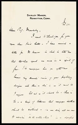 Klein, Charles, 1867-1915 autograph letter signed to Hugo Münsterberg, Rowayton, Conn., 22 February 1900[?]