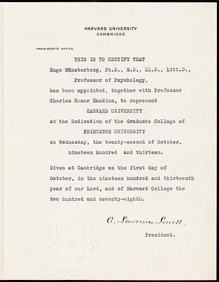 Lowell, A. Lawrence (Abbott Lawrence), 1856-1943 autograph document signed to Hugo Münsterberg, Cambridge, Mass., 22 October 1913