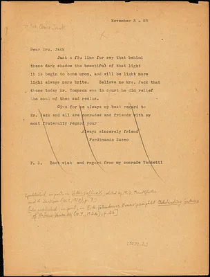 Nicola Sacco typed note (copy) to Mrs. Cerise Jack, [Dedham], 3 November 1923