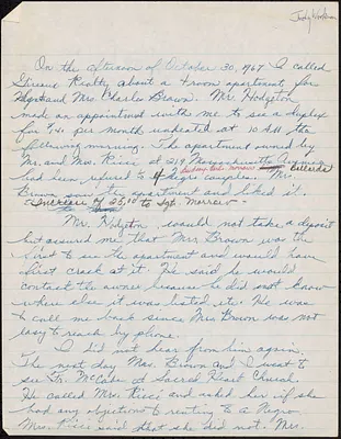 Handwritten account of apartment being rented to Mr. and Mrs. Brown