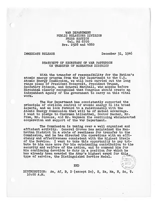 War Department Press Release