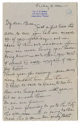 Letter from Madge Gates Wallace to Bess W. Truman