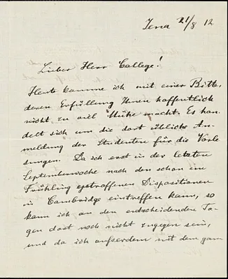 Eucken, Rudolf, 1846-1926 autograph letter signed to Hugo Münsterberg, Jena, 21 August 1912