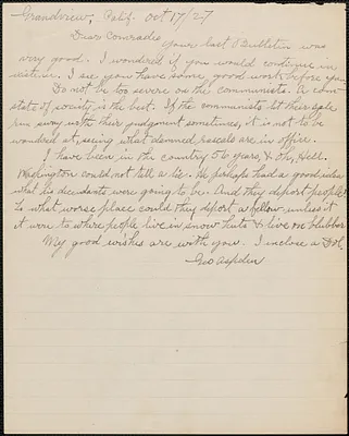 George Aspden autograph letter signed to Sacco-Vanzetti Defense Committee, Grandview, Wash., October 17, 1927