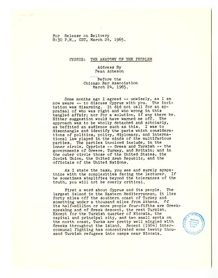 Press Release, Address by Dean Acheson, "Cyprus: The Anatomy of the Problem," Before the Chicago Bar Association