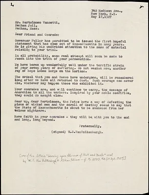 [Warren Starr] Van Valkenburgh. typed letter (copy) to Bartolomeo Vanzetti, New York, 17 May 1927