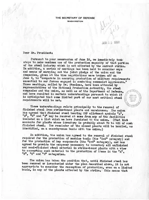 Letter to President Harry S. Truman from Robert A. Lovett with Related Material