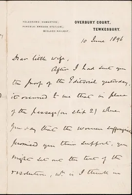 [John Biddulph Martin] autograph note signed to [Victoria Woodhull Martin], Tewkesbury, [England], June 10, 1896