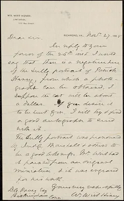 Letter from William Wirt Henry, Richmond, VA, to Darwin C. Pavey, Birmingham, Conn., 1888 November 27