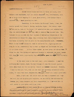 Nicola Sacco typed letter (copy) to "Auntie Be" [Elizabeth Glendower Evans], [Dedham], 29 June 1927