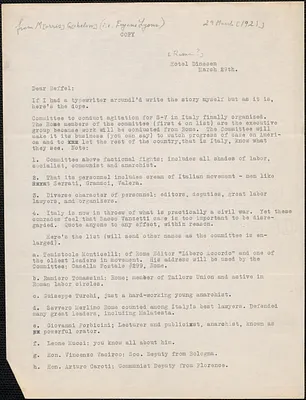 M[orris] G[eblow (i. e. Eugene Lyons)] typed letter to John Beffel, [Rome, Italy], March 29, [1921]