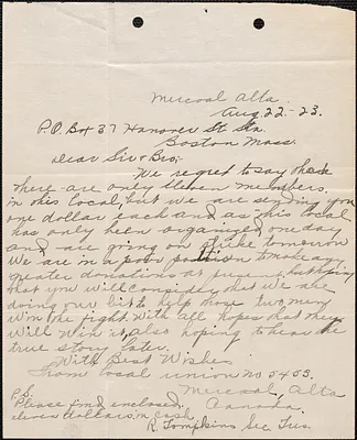 R. Tompkins (Local Union No. 5458, United Mine Workers of America) autograph letter signed to [Sacco-Vanzetti Defense Committee], Marcoal, Alberta, August 22, 1923