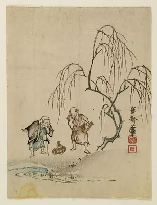 Two men with jugs by a stream