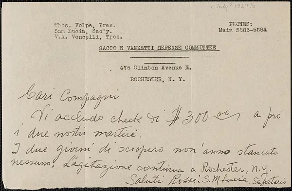 Sam M. Lucia (Sacco e Vanzetti Defense Committee, Rochester) autograph note signed, in Italian, to Sacco-Vanzetti Defense Committee, Rochester, N.Y., [July? 1927]