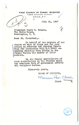 Letter from Marian Rae Shaw to President Harry S. Truman