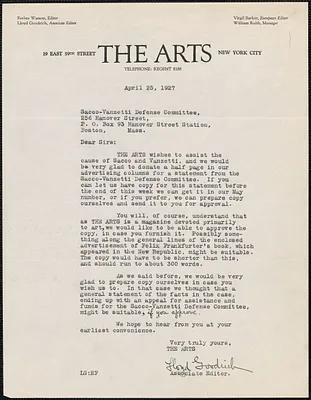 Lloyd Goodrich (The Arts) typed letter signed to Sacco-Vanzetti Defense Committee, New York, N.Y., April 25, 1927