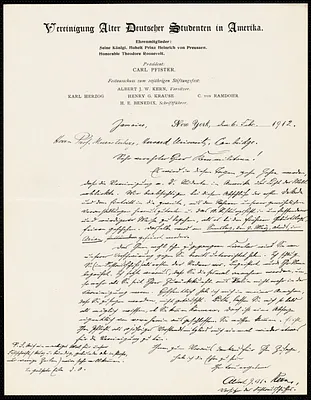 Kern, Albert J. W., b. 1857 autograph letter signed to Hugo Münsterberg, Jamaica, N.Y., 6 February 1912