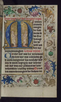 Initial ""M"" with two souls praying in purgatory