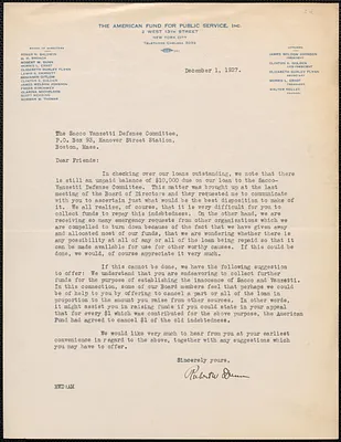 Robert W. Dunn (The American Fund for Public Service, Inc.) typed letter signed to Sacco-Vanzetti Defense Committee, New York, N. Y., December 1, 1927