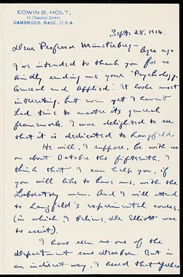 Holt, Edwin B. (Edwin Bissell), 1873-1946 autograph letter signed to Hugo Münsterberg, Cambridge, Mass., 28 September 1914