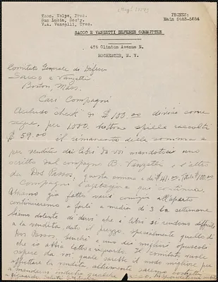 Sam M. Lucia (Sacco e Vanzetti Defense Committee, Rochester) autograph letter signed, in Italian, to Sacco-Vanzetti Defense Committee, Rochester, N.Y., [May? 1927]