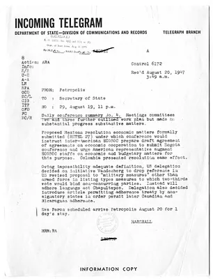 Telegram from Secretary of State George Marshall to the Department of State
