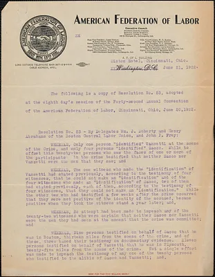 Frank Morrison (American Federation of Labor) typed resolution signed to [Sacco-Vanzetti Defense Committee], Cincinnati, Ohio, June 21, 1922