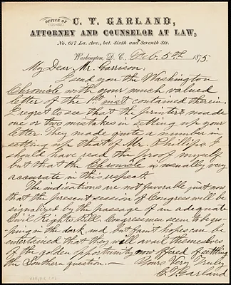 Letter from C. T. Garland, No. 617 La. Ave., bet[ween] Sixth and Seventh Sts., Washington, D.C., to William Lloyd Garrison, Feb. 5th, 1875