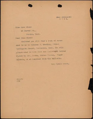 [Fred H. Moore] typed note (copy) to Anna Bloom, [Boston, Mass.], June 16, 1924