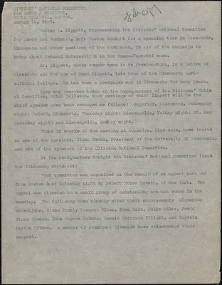Citizens National Committee for Sacco and Vanzetti press release (copy), Boston, Mass., August 15, 1927