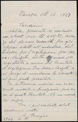 [Alfonso] Coniglio autograph note signed, in Italian, to Sacco-Vanzetti Defense Committee, Tampa, Fla., October 12, 1927