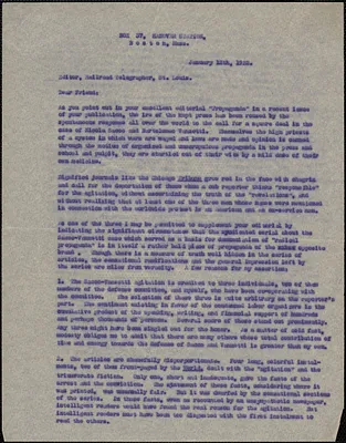 Sacco-Vanzetti Defense Committee typed letter (copy) to Editor, Railroad Telegrapher, St. Louis, Boston, Mass., January 12, 1922