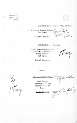 White House Luncheon and Dinner Menu