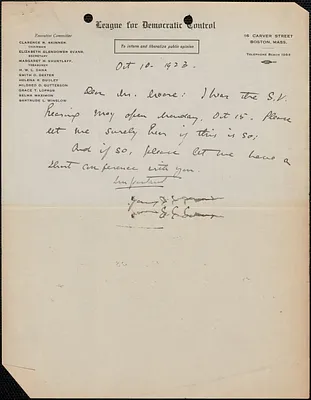 E[lizabeth] G[lendower] Evans (League for Democratic Control) autograph note signed to [Fred H.] Moore, Boston, Mass., October 10, 1923