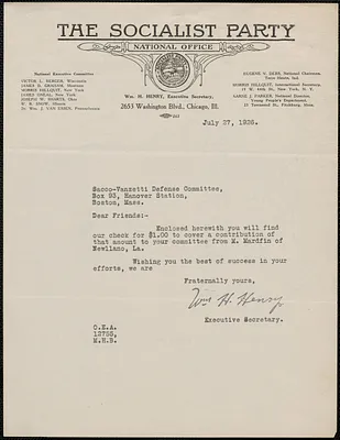 William H. Henry (The Socialist Party, National Office) typed letter signed to Sacco-Vanzetti Defense Committee, Chigago, Ill., July 27, 1926