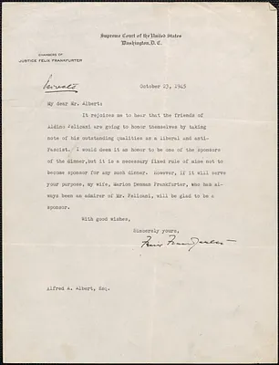 Felix Frankfurter typed letter signed to Alfred Albert, Washington, D. C., October 23, 1945