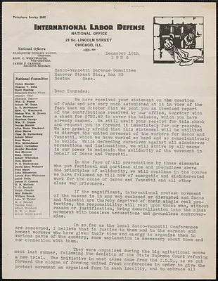 James P. Cannon (International Labor Defense) typed letter signed to Sacco-Vanzetti Defense Committee, Chicago, Ill., December 16, 1926