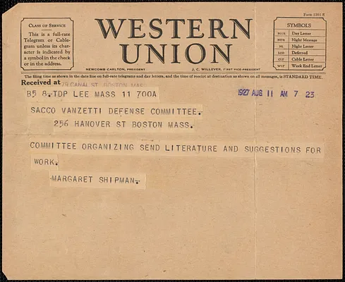 Margaret Shipman telegram to Sacco-Vanzetti Defense Committee, Lee, Mass., August 11, 1927