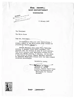 Letter from Colonel Marshall Carter to President Harry S. Truman, with Attached Draft Press Release