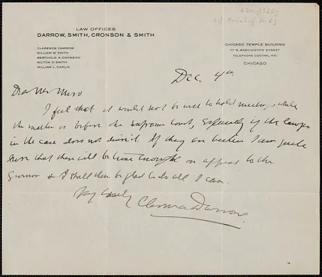 Clarence Darrow autograph note signed to Joseph Moro, Chicago, Ill., December 4, 1926