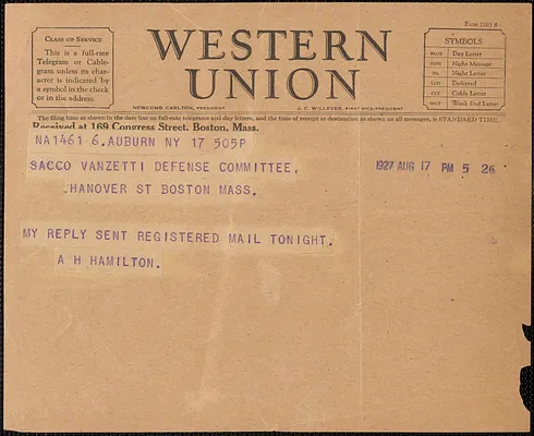 Albert H. Hamilton telegram to Sacco-Vanzetti Defense Committee, Auburn, N.Y., August 17, 1927