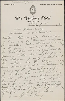 Cambria County Farmer Labor Convention autograph note signed to Sacco-Vanzetti Defense Committee, Johnstown, Pa., July 25, 1927