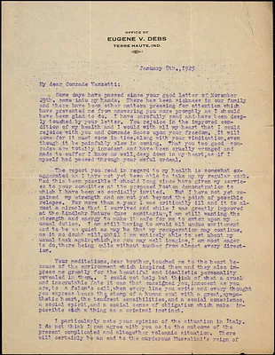 Eugene V. Debs typed letter signed to Bartolomeo Vanzetti, Terre-Haute, Ind., 8 January 1925