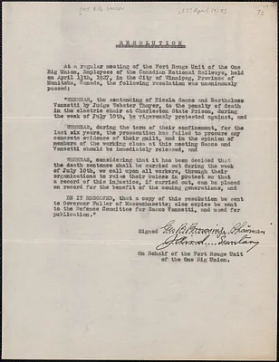 George B. Browning (One Big Union. Fort Rouge Unit) typed resolution to [Alvan T.] Fuller, Winnipeg, Manitoba, Canada, [April 13, 1927]