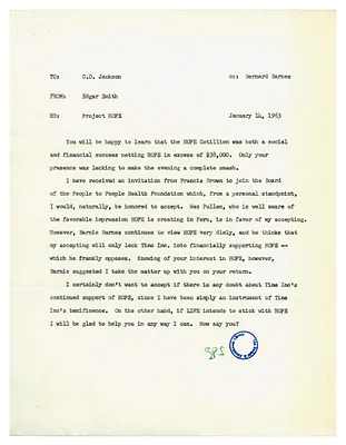 Memorandum, Edgar Smith to C. D. Jackson Regarding Project HOPE