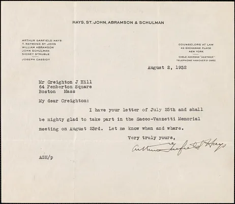 Arthur Garfield Hays typed note signed to Creighton J. Hill, New York, N. Y., August 2, 1932