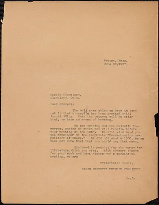 Sacco-Vanzetti Defense Committee typed letter (copy) to Bessie Kimmelman (Sacco-Vanzetti Defense Committee, Cleveland), Boston, Mass., June 30, 1927
