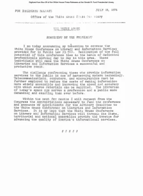 Presidential announcement of intention to convene the White House Conference on Library and Information Services [Ford Speech or Statement]