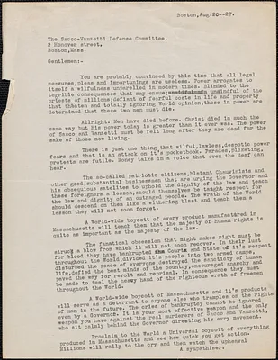 "A sympathiser" typed letter to Sacco-Vanzetti Defense Committee, Boston, Mass., August 20, 1927
